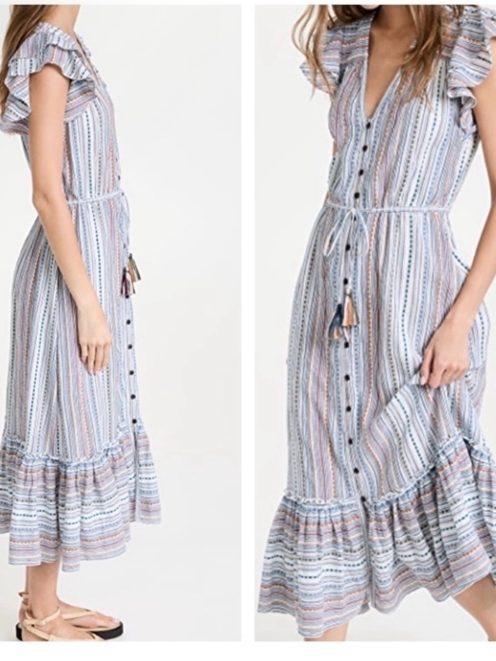 Veronica Beard Striped Ruffle Sleeve Button Front Maxi Dress Size Small